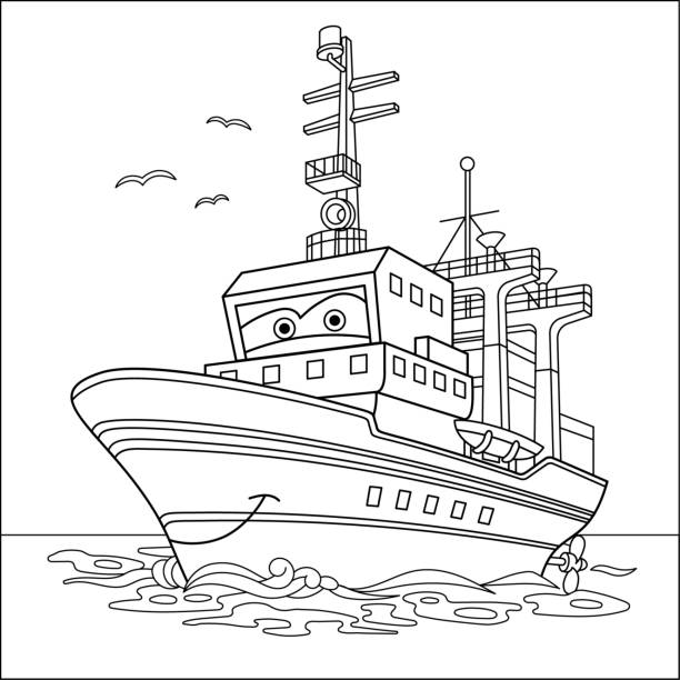 Coloring page of cartoon cargo ship stock illustration