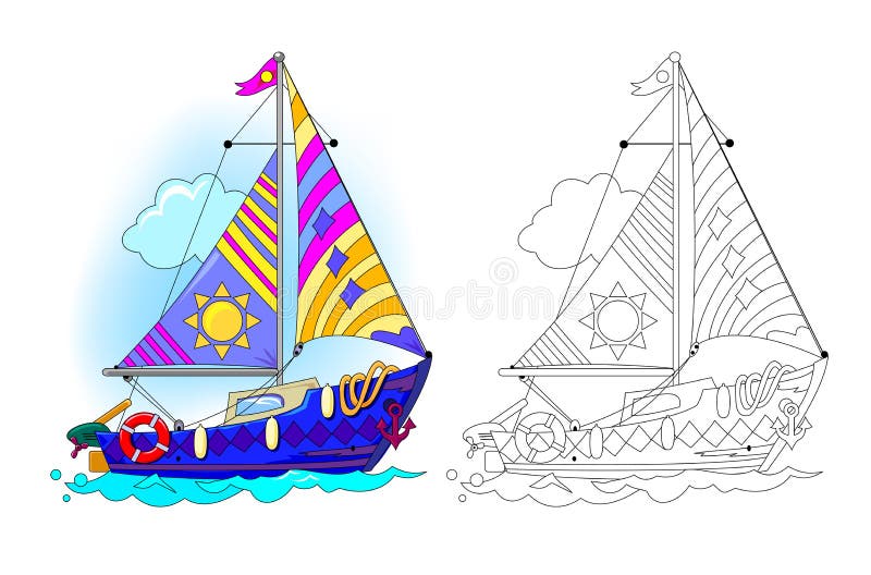 Colorful and black and white template for coloring cute toy sailboat model illustration for boys worksheet for kids stock vector