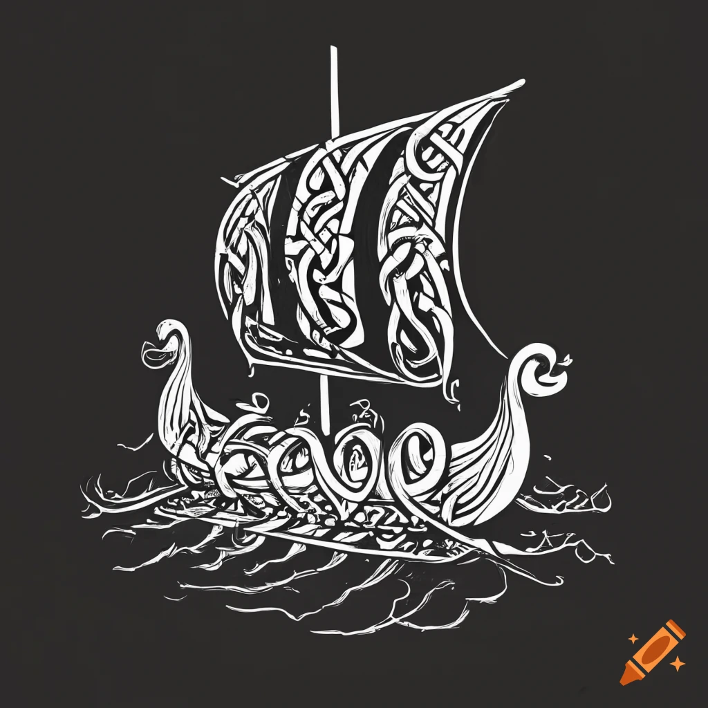 Intricate black and white coloring book template of a viking drakkar ship on