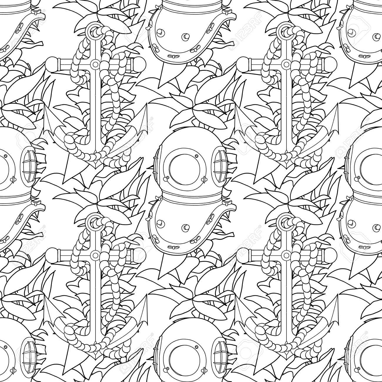 Ship equipment seamless pattern adult antistress coloring page tile texture with sea objects and elementstemplate for wrapping or children coloring book royalty free svg cliparts vectors and stock illustration image