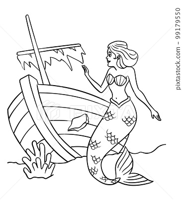 Mermaid and shipwreck isolated coloring page