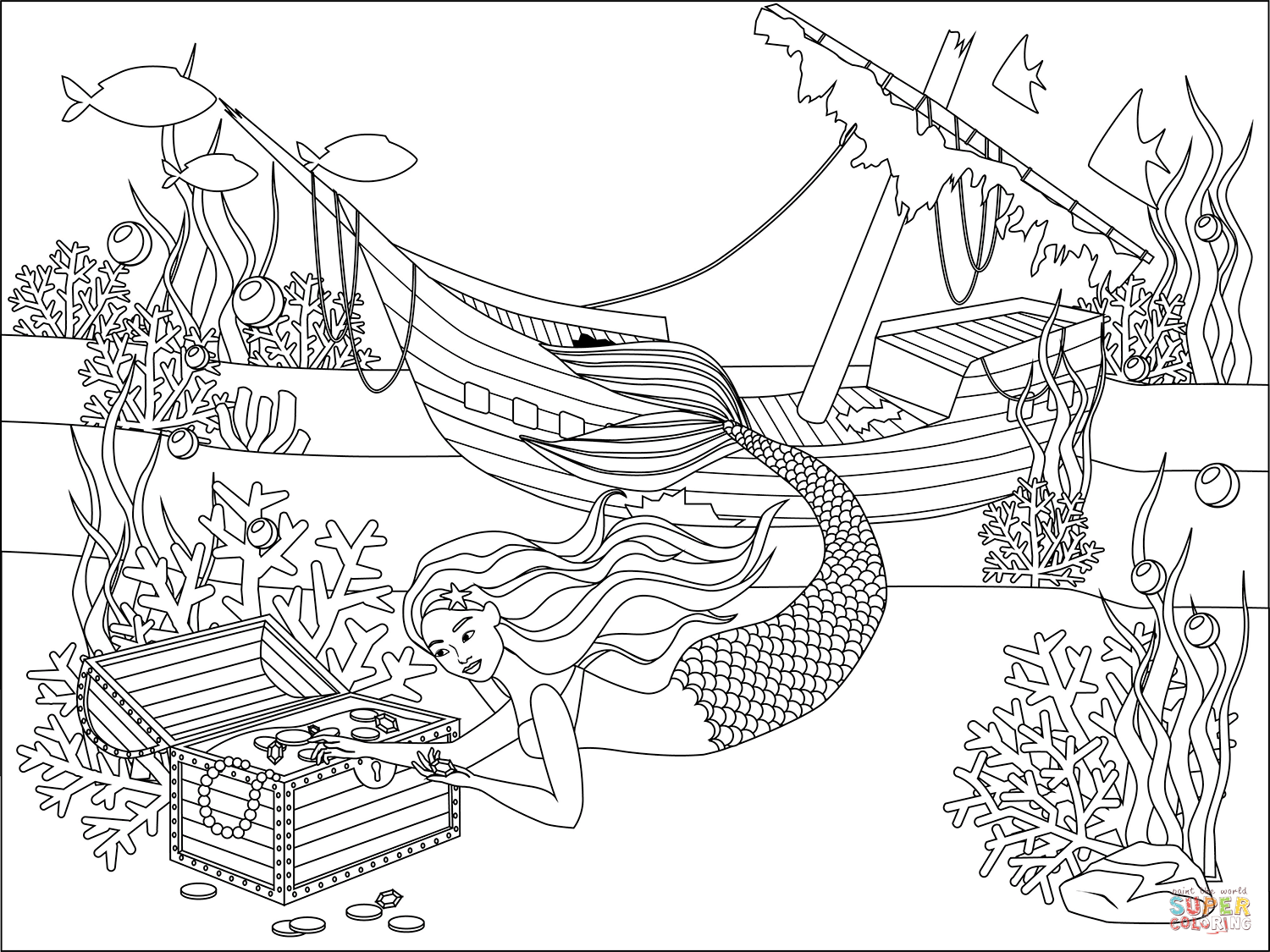 Mermaid wrecked ship underwater treasure coloring page free printable coloring pages