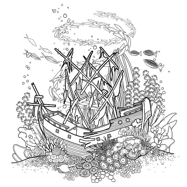 Ancient sunken ship and coral reef stock illustration