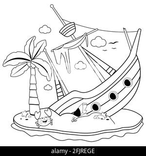 Shipwreck on an island black and white coloring page stock photo