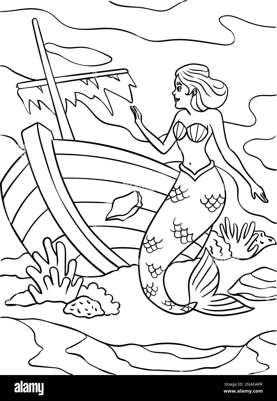 Mermaid and shipwreck coloring page for kids stock vector image art