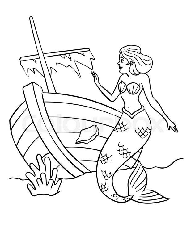 Mermaid and shipwreck isolated coloring page stock vector