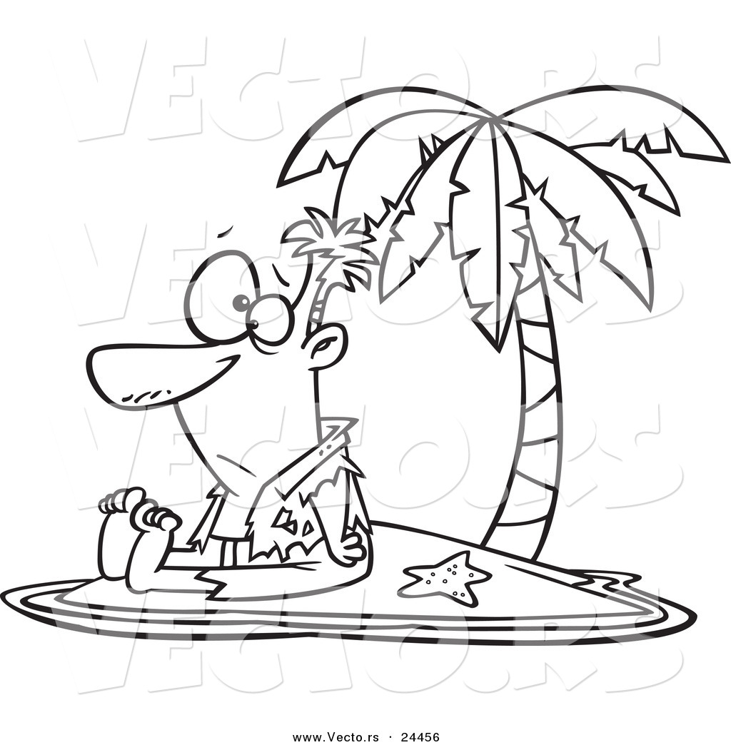 R of a cartoon shipwrecked man on a tropical island