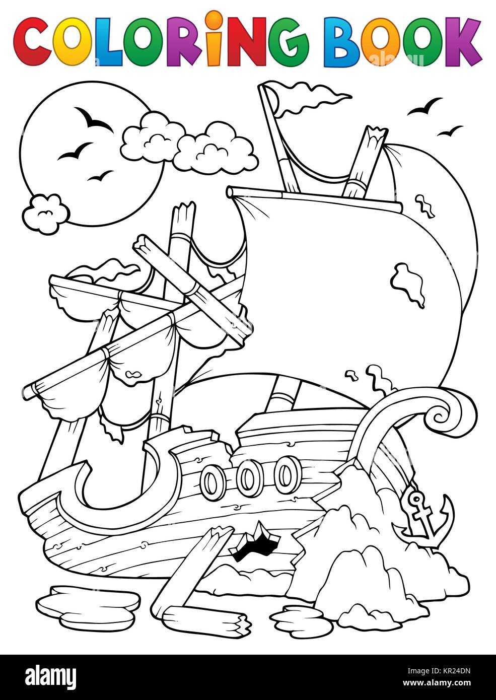 Coloring book shipwreck with rocks stock photo