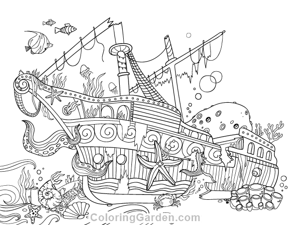 Sunken ship adult coloring page