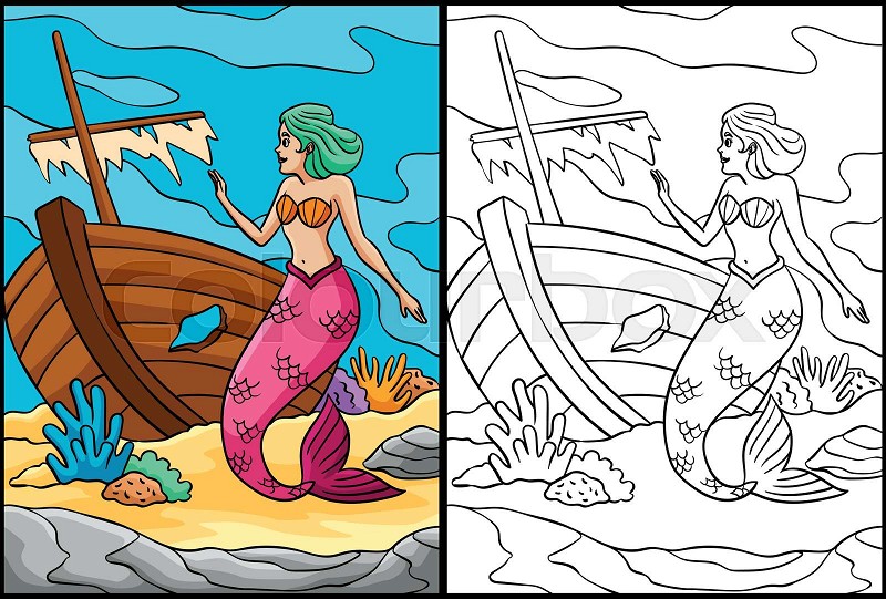 Mermaid and a shipwreck coloring page illustration stock vector