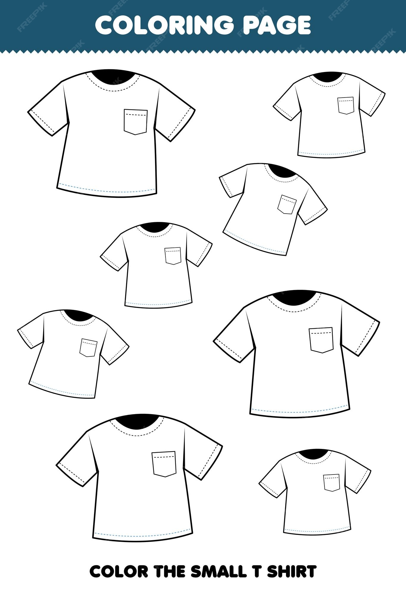 Premium vector education game for children coloring page big or small picture of wearable clothes t shirt line art printable worksheet