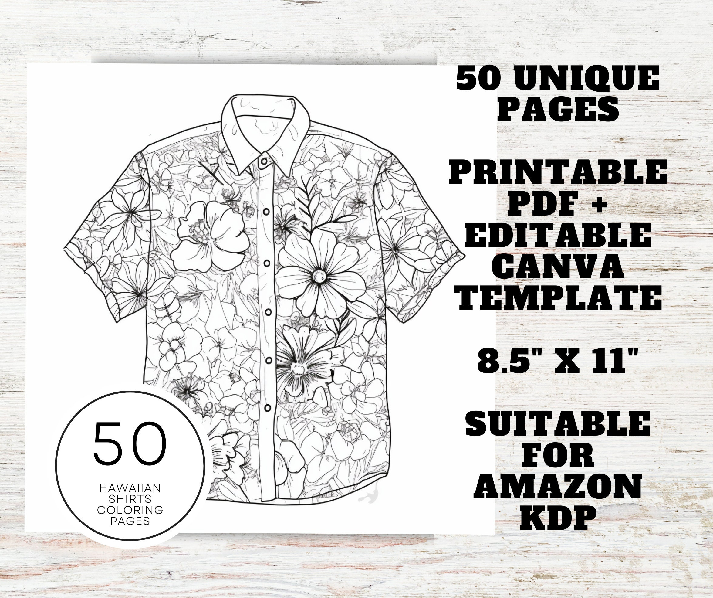 Kdp interior hawaiian shirts coloring pages x printable pdf canva template kids and adults floral botanical coloring pages