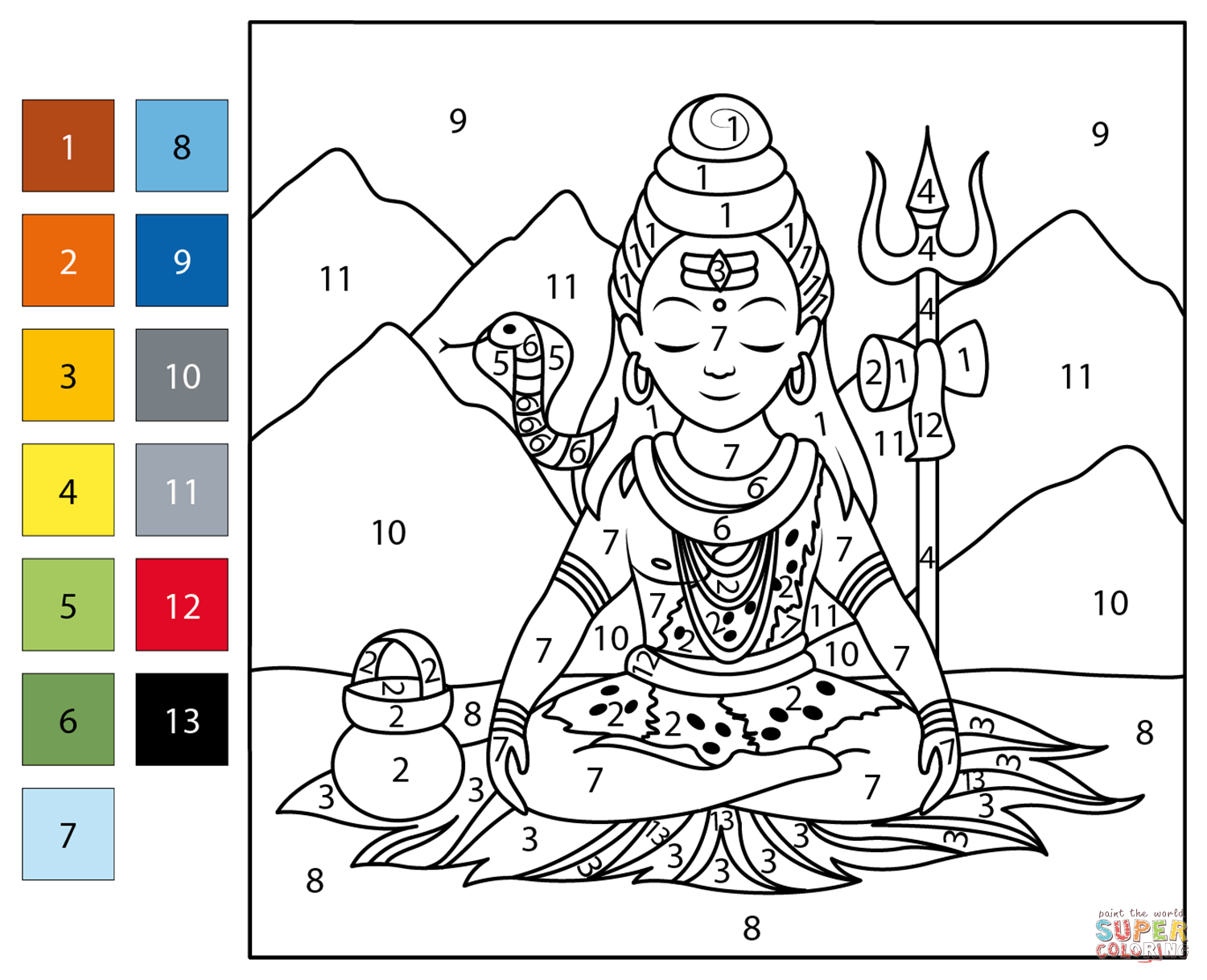 Shiva color by number free printable coloring pages