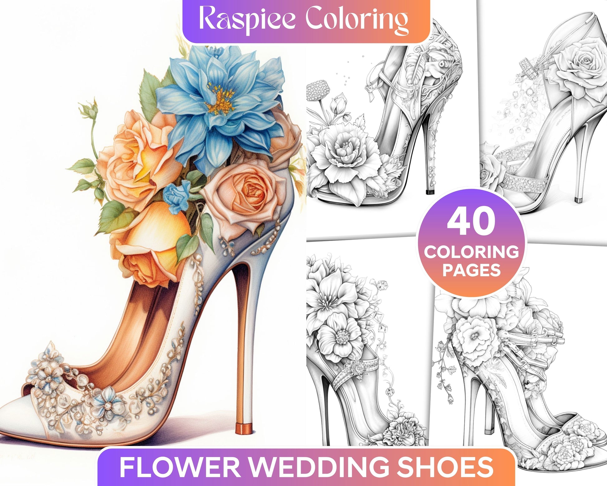 Flower wedding shoes grayscale coloring pages printable for adults â coloring