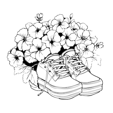 Premium vector blooming in shoe coloring page