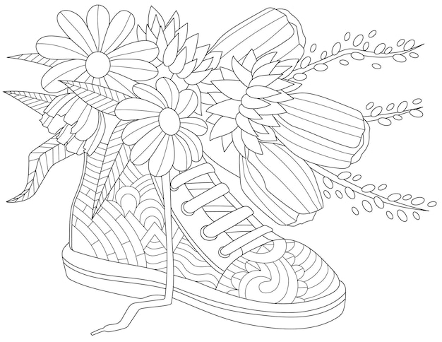 Premium vector coloring book page with detailed sneaker with different flowers inside sheet to be colored with footwear with various plants in shoe with bouquet in