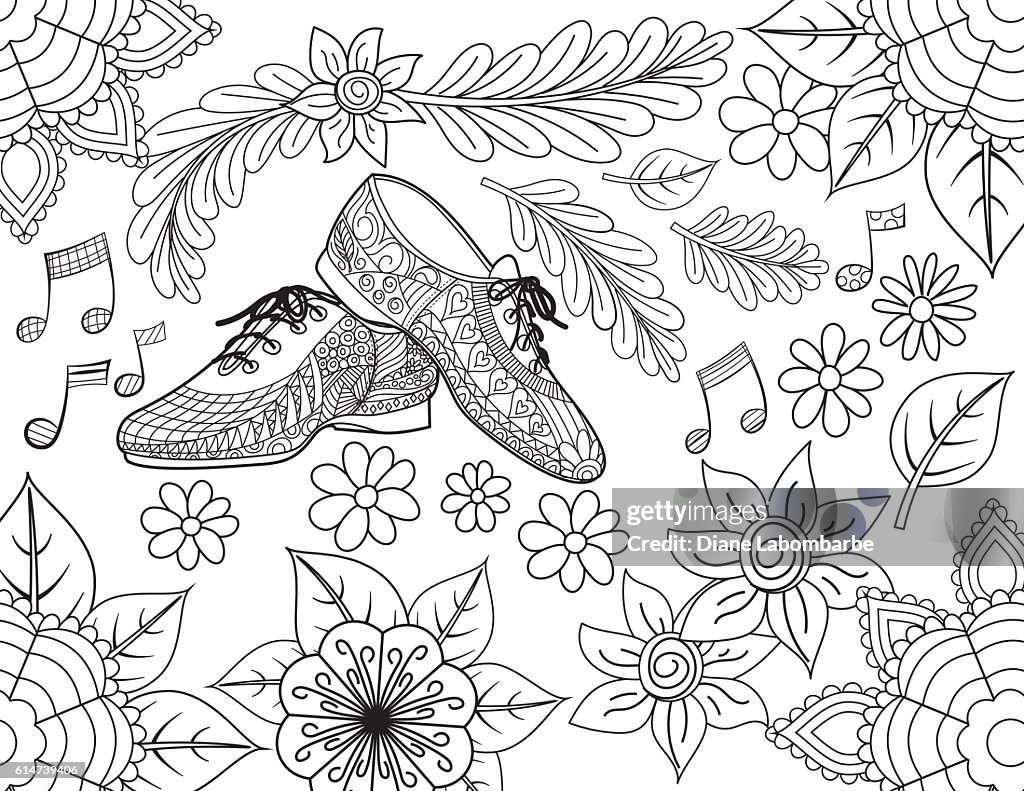 Jazz shoes hand drawn adult coloring book page high