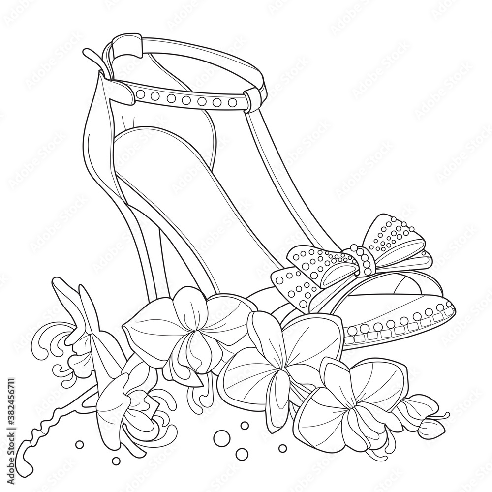 Vektorovã grafika âadult coloring page book hand drawn outline ornamental high heel shoe illustration nearby is an orchid flower zen art style illustrationâ ze sluåby