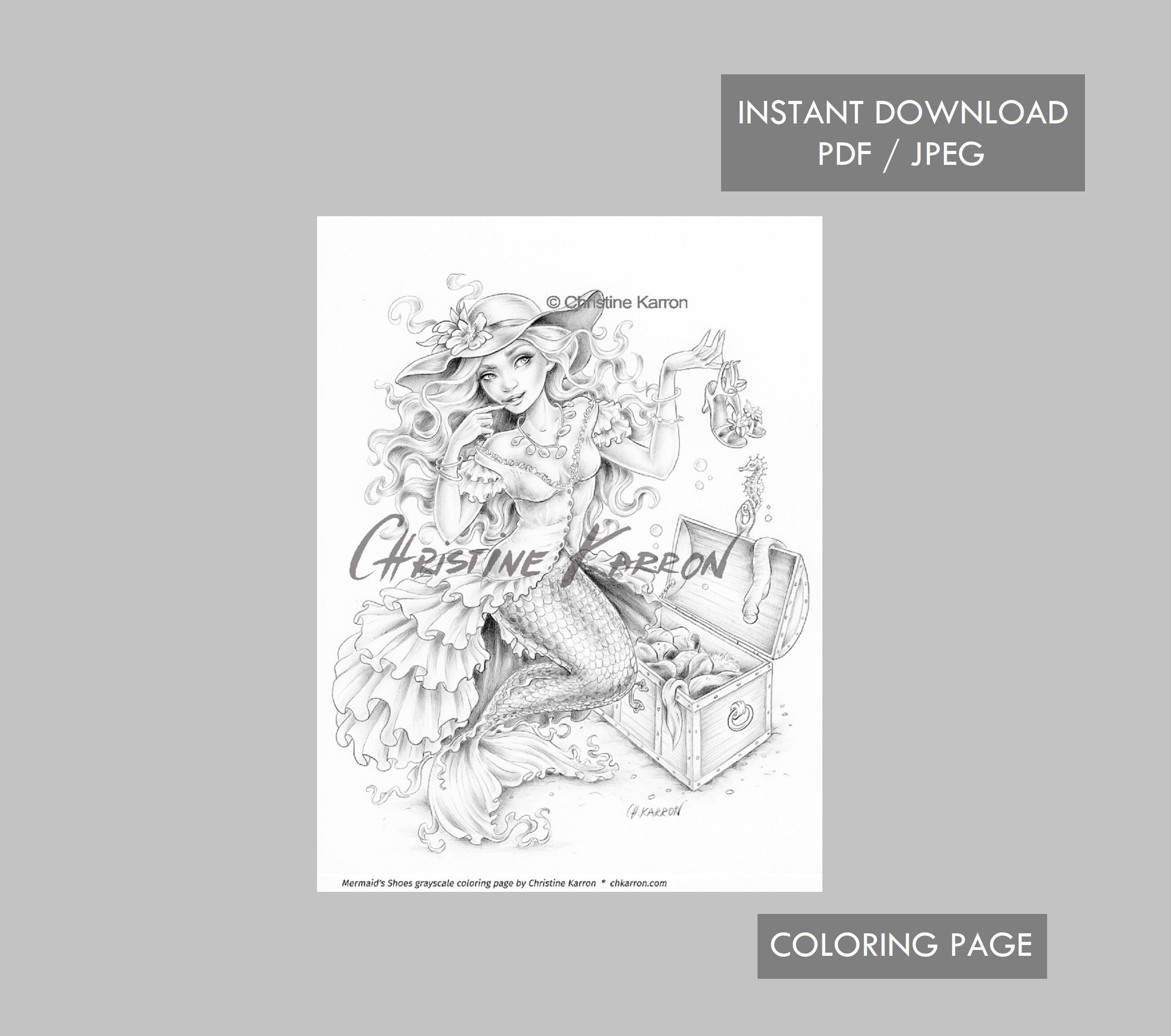 Mermaids shoes coloring page grayscale instant download printable file jpeg and pdf