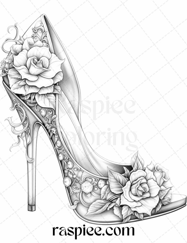 Flower wedding shoes grayscale coloring pages printable for adults in grayscale coloring flower wedding shoes grayscale