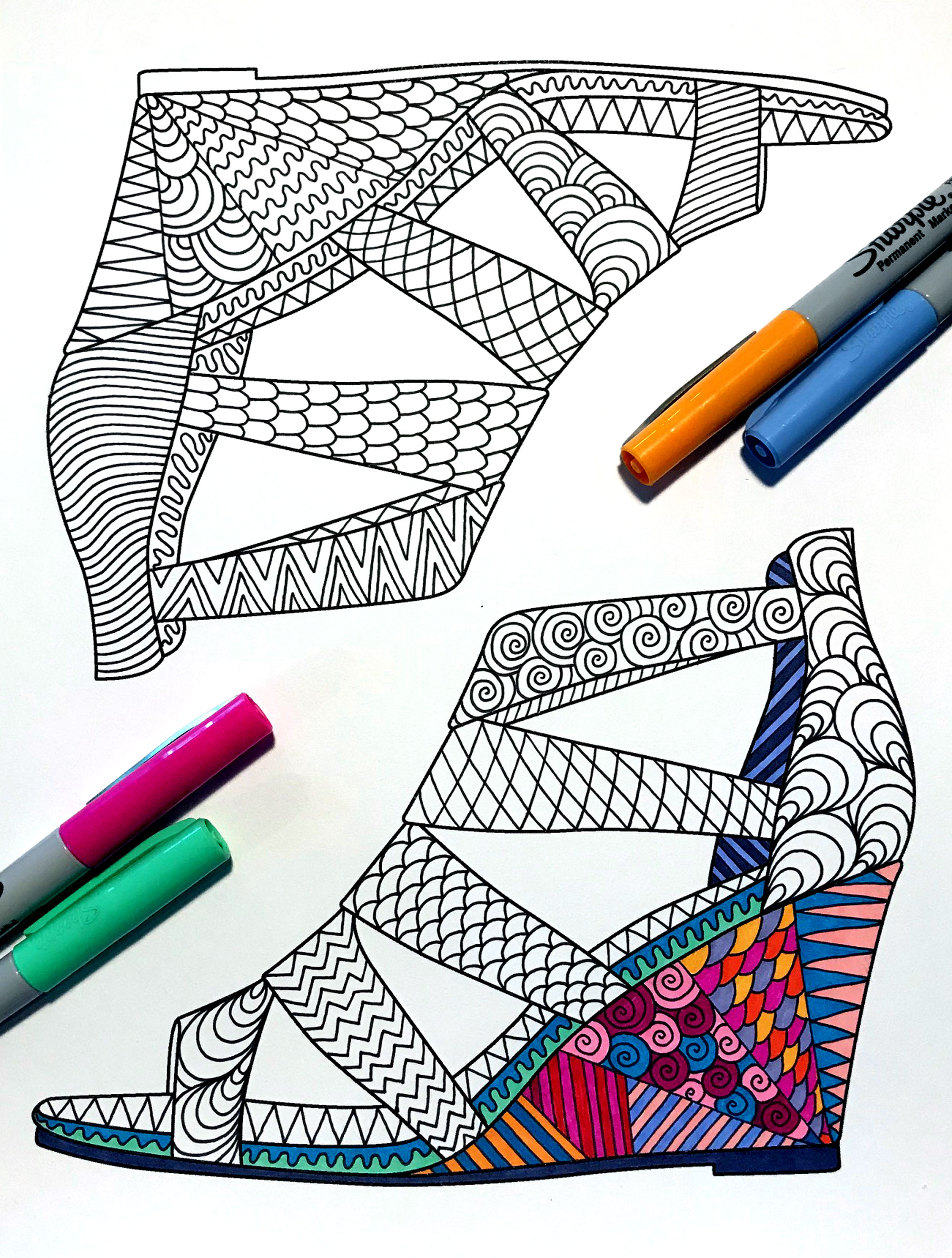 Wedge heels shoes â pdf zentangle coloring page â scribble stitch