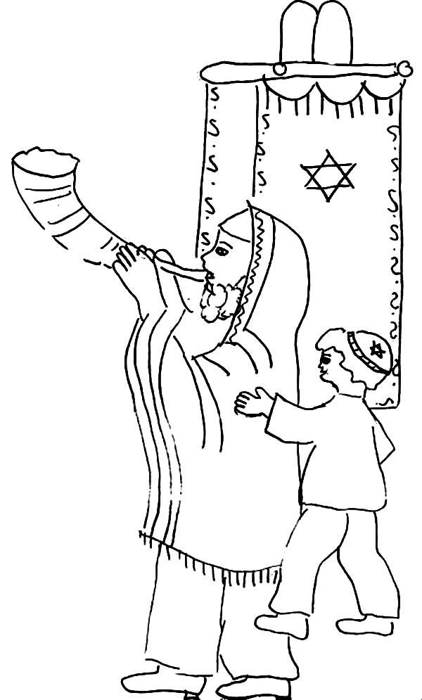 Father and son blow shofar in rosh hashanah coloring page