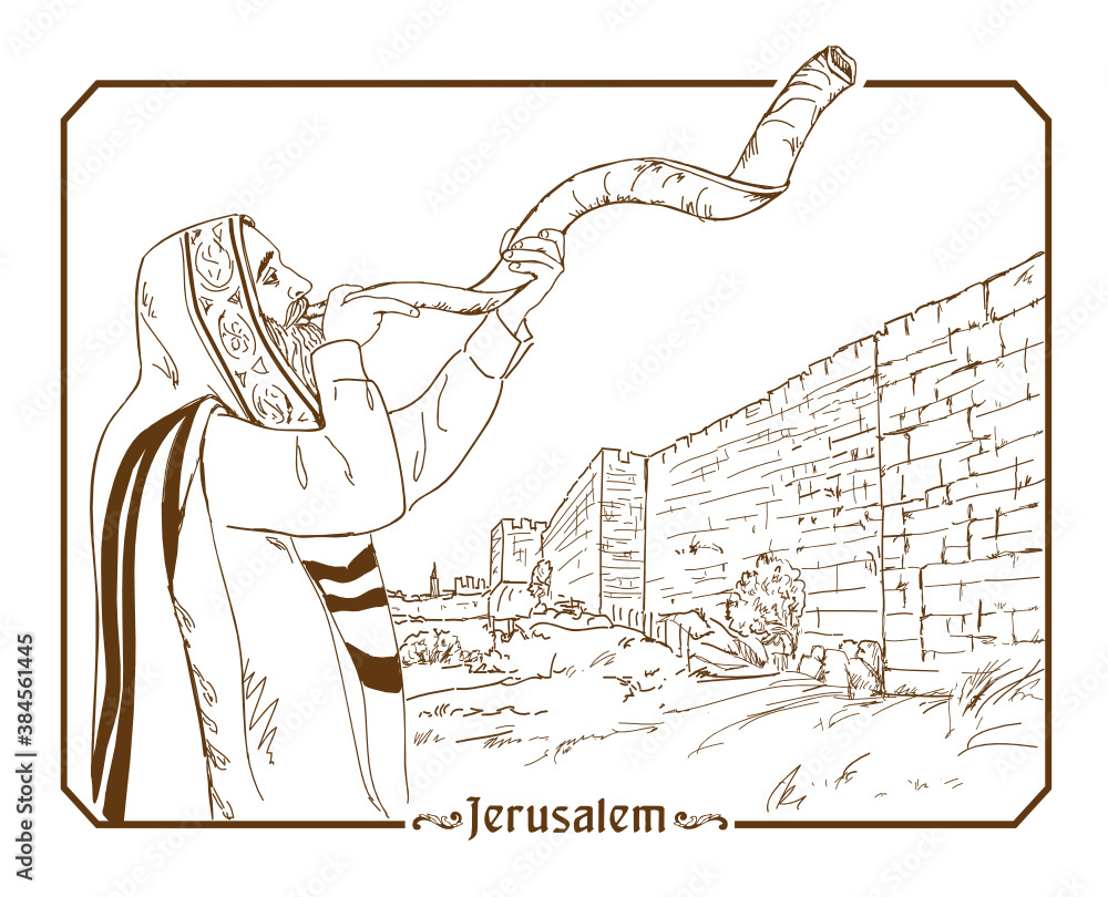 Jew in tallit blowing the shofar of rosh hashanah hand drawing illustration vector