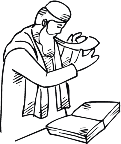 Man is blowing shofar during synagogue worship coloring page from rosh hashanah category select from â coloring pages rosh hashanah coloring pages for kids