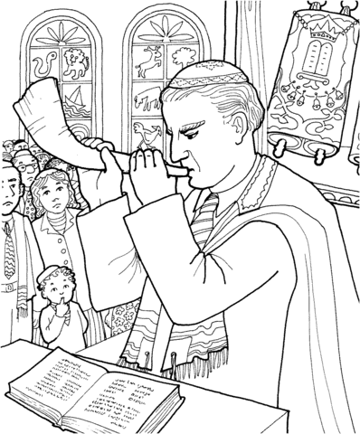 Rabbi blows a shofar in synagogue coloring page free printable coloring pages