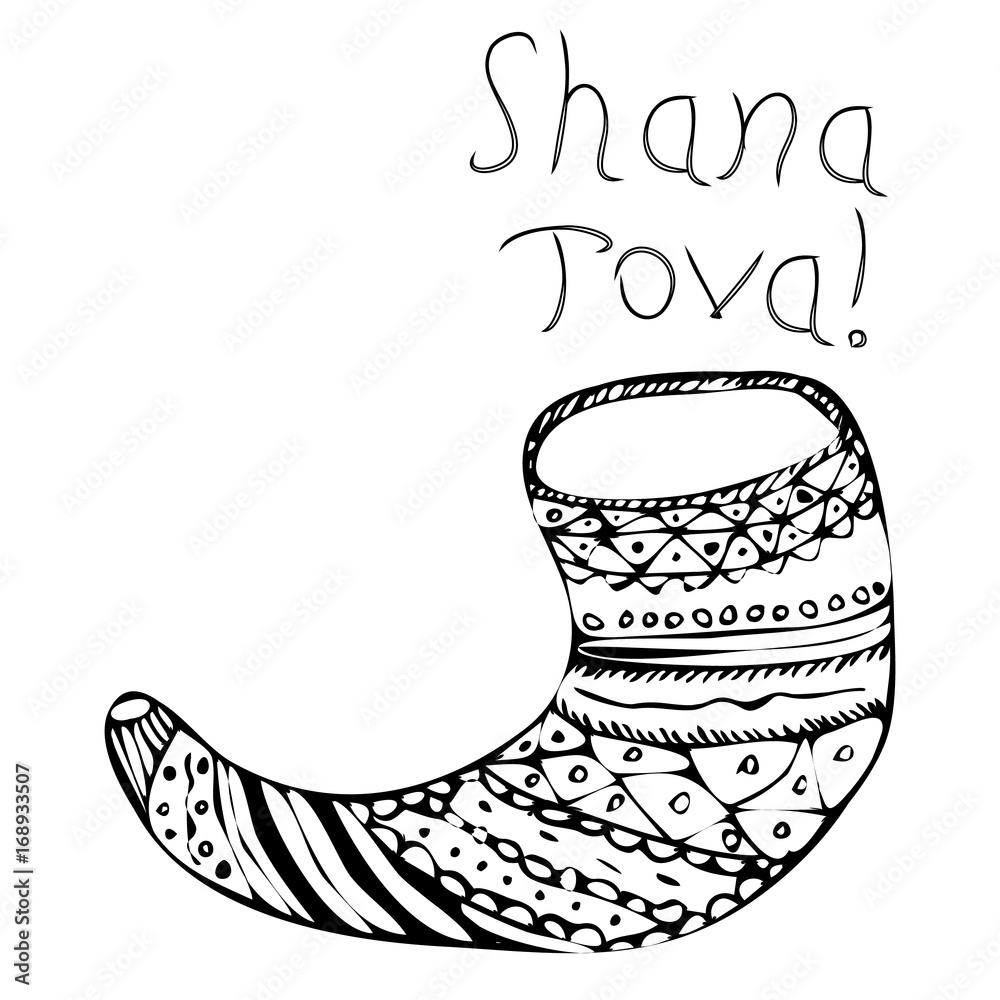 Black shofar on rosh hashanah the jewish new year shana tova hebrew doodle hand draw vector illustration on isolated background vector