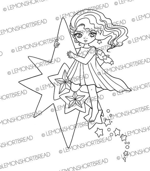 Digital stamp shooting star celestial fairy digi printable coloring page fantasy girl birthday christmas