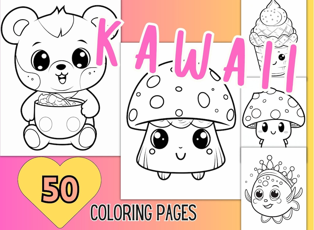 Kawaii coloring pages instant download printable pdf for kids adults adorable kawaii art stress relief activity