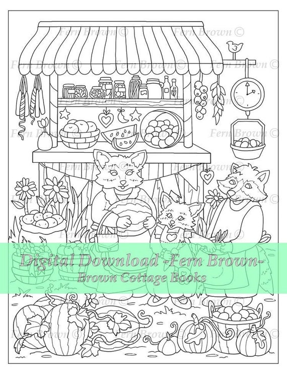 Fox coloring page fruit stand foxes instant download line art printable fox market shopping by fern brown hand