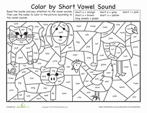 Color by short vowel sound worksheet education first grade phonics short vowel sounds short vowels