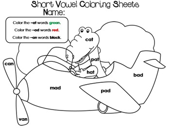 Short vowel coloring worksheets
