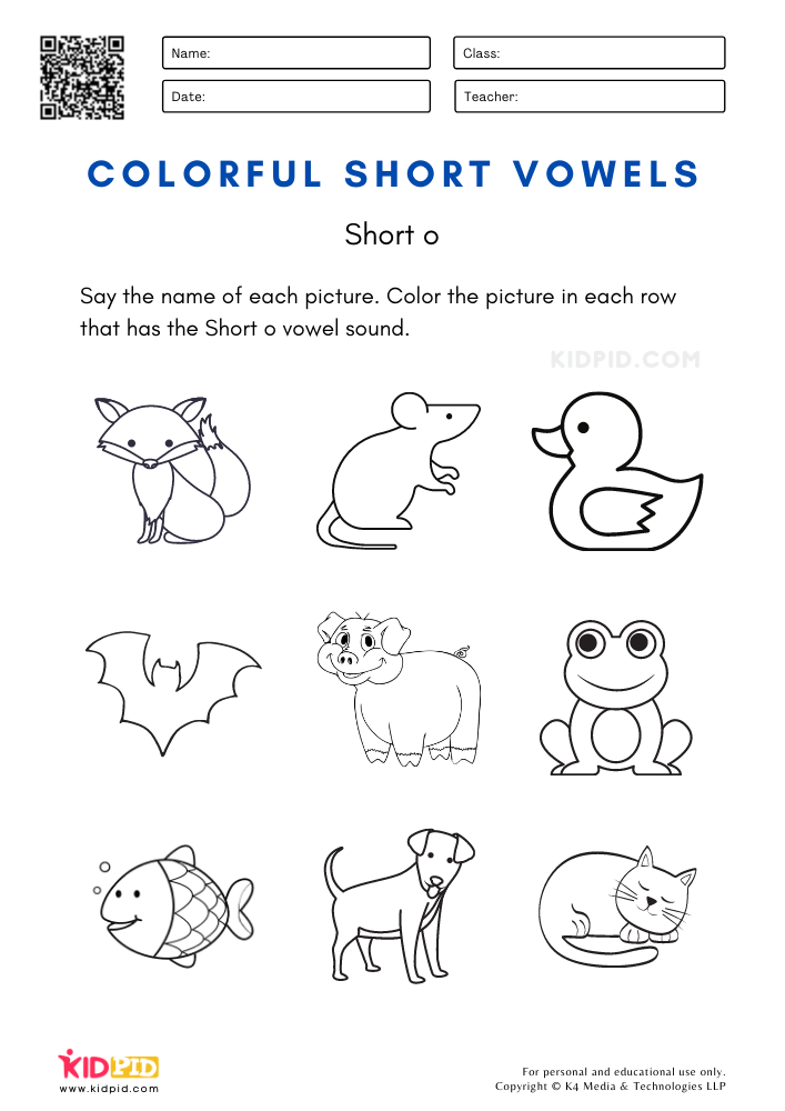 Short vowels coloring worksheets for kids