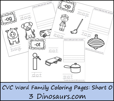 Free cvc word family coloring pages short o vowel dinosaurs