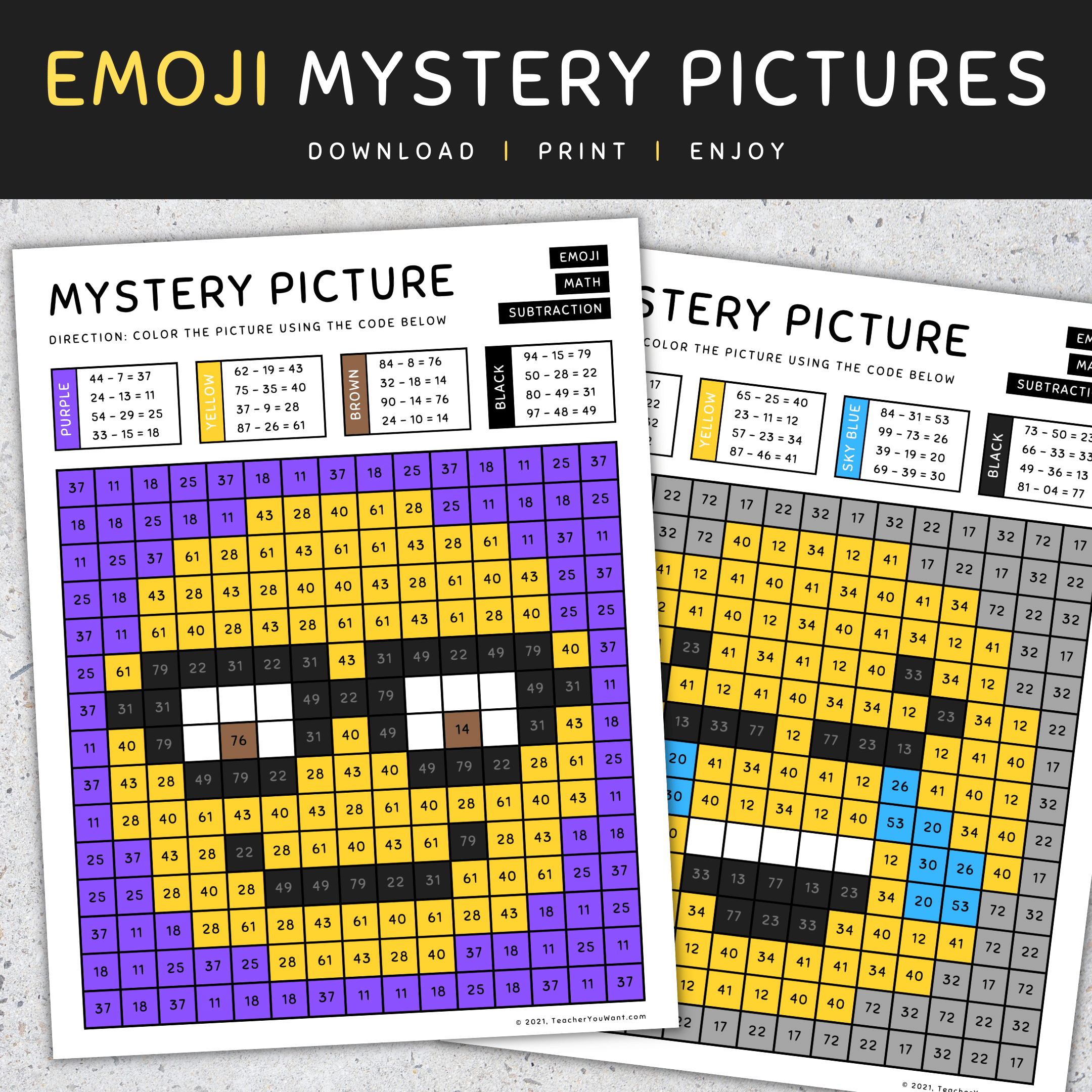 Emoji mystery picture subtraction color by number back to school made by teachers