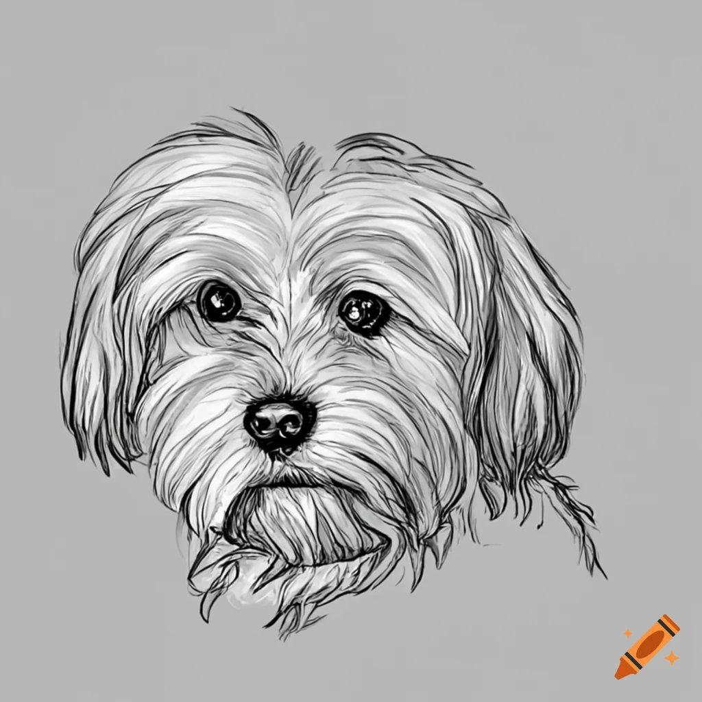 A white havanese dog with short hair drawn perfectly on