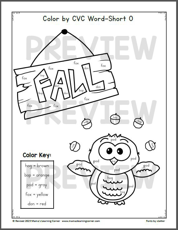 Fall color by cvc word worksheets