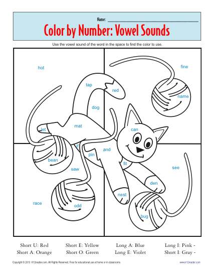 Color by number vowel sounds vowel worksheets