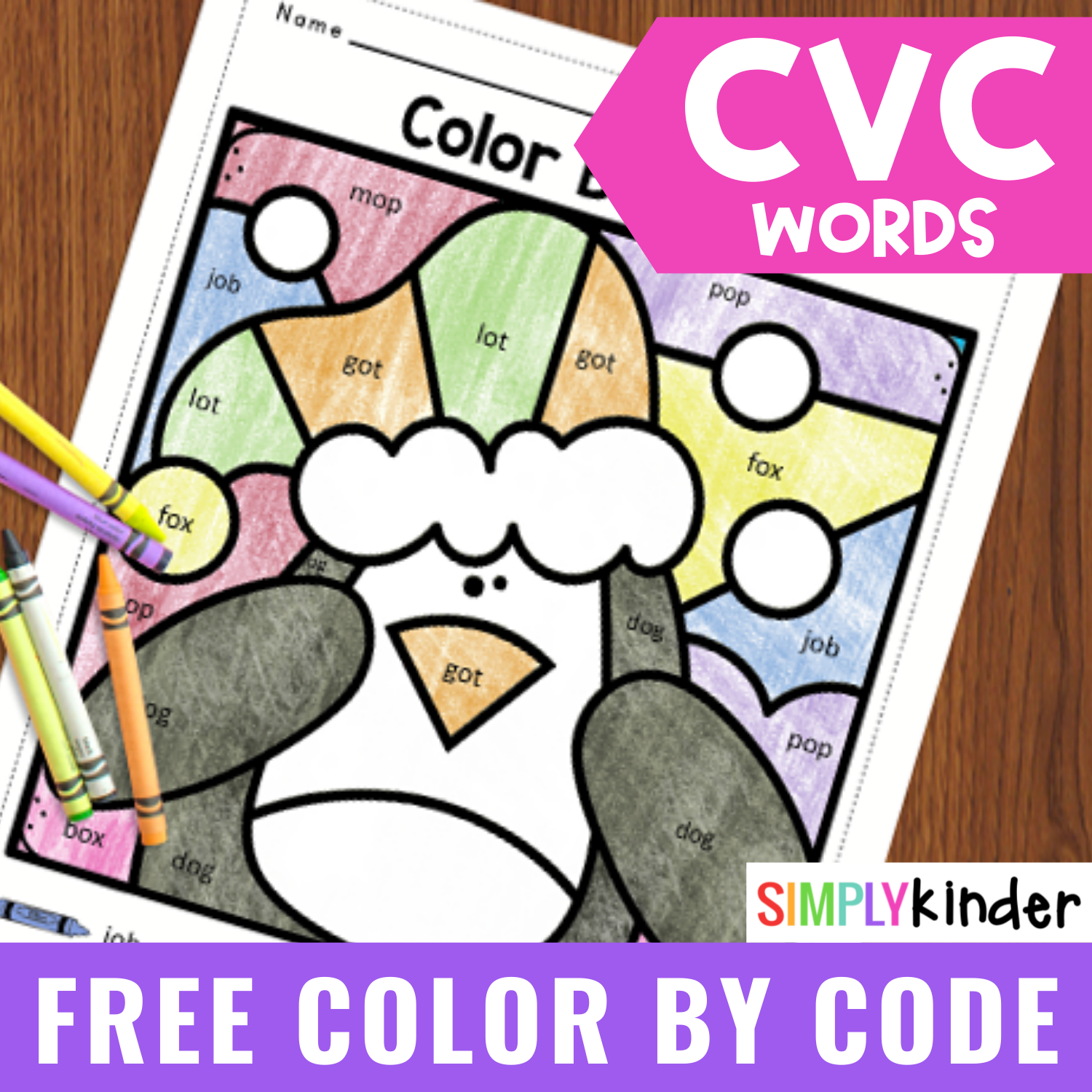 Free winter color by code worksheets cvc words