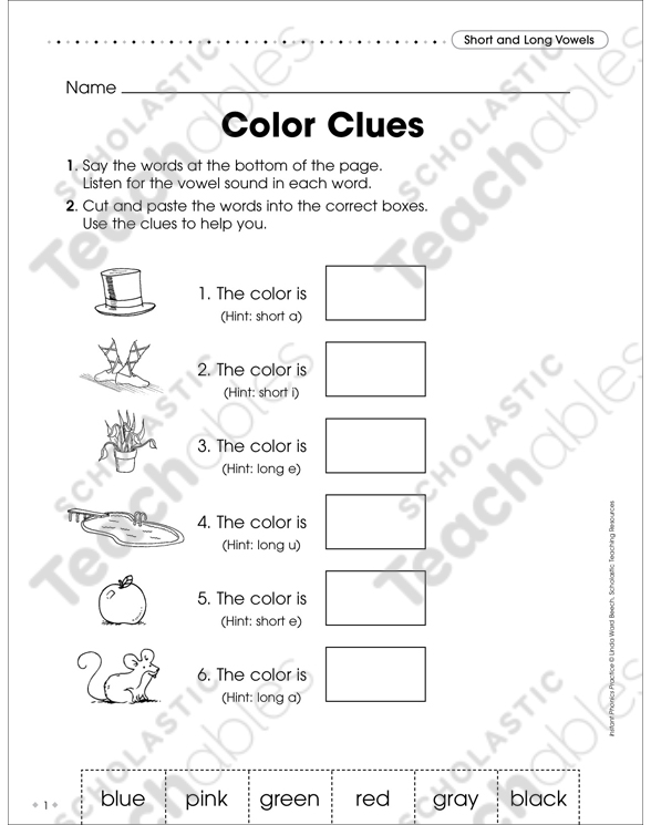 Short and long vowels color clues printable skills sheets cut and pastes