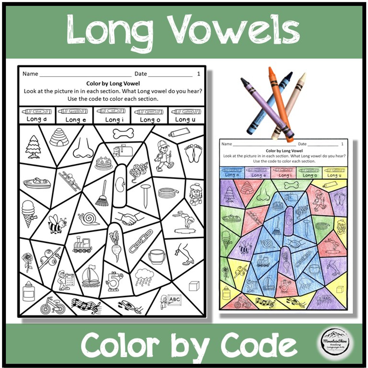 Long vowels color by code worksheets