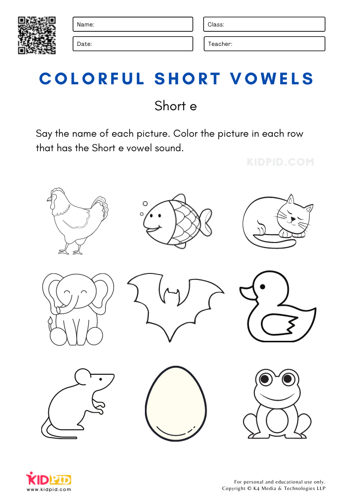 Short vowels coloring worksheets for kids