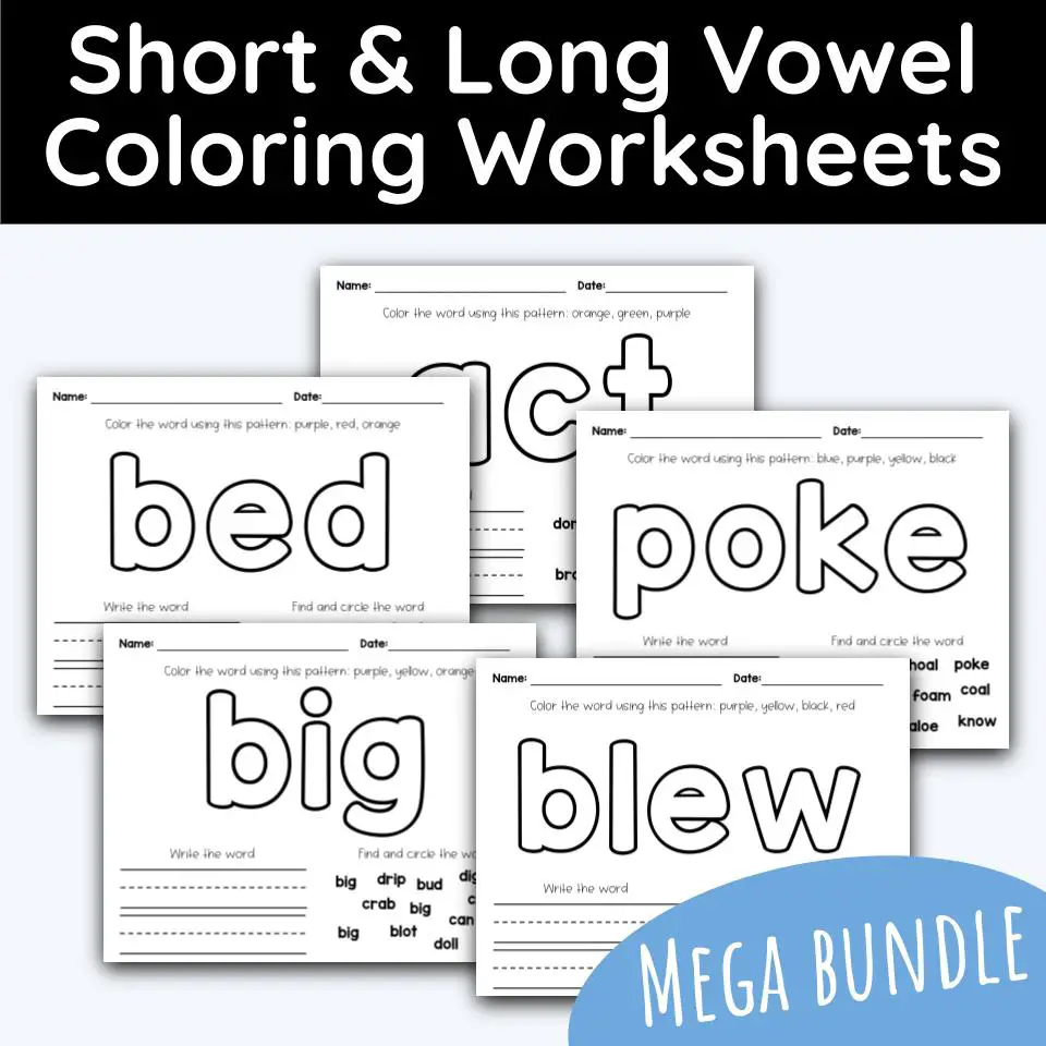 Short long vowel coloring worksheets mega packet