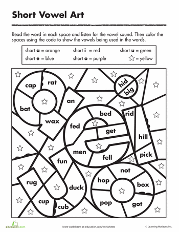 Color by short vowel sound worksheet education vowel worksheets phonics short vowel sounds