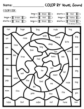 Long vowel and short vowel worksheets color by code phonics tpt