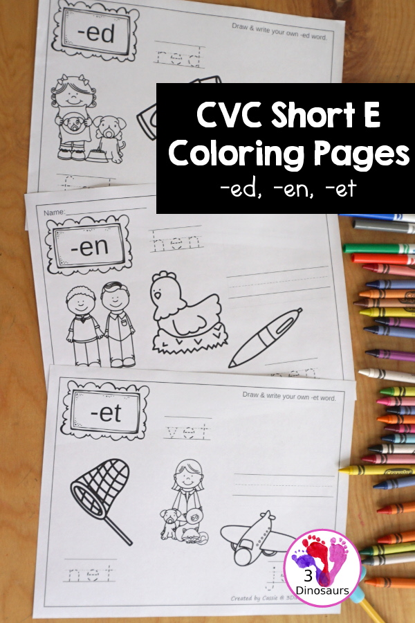 Free cvc word family coloring pages short e vowel dinosaurs