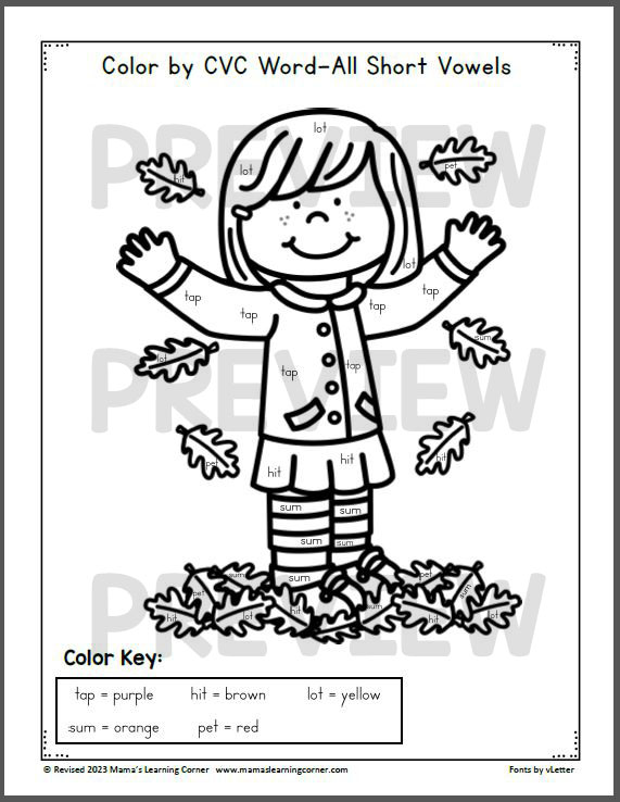 Fall color by cvc word worksheets